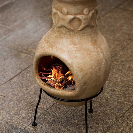 Vintiquewise Outdoor Beige Clay Chimenea Maya Design Fire Pit with Metal Stand QI004350